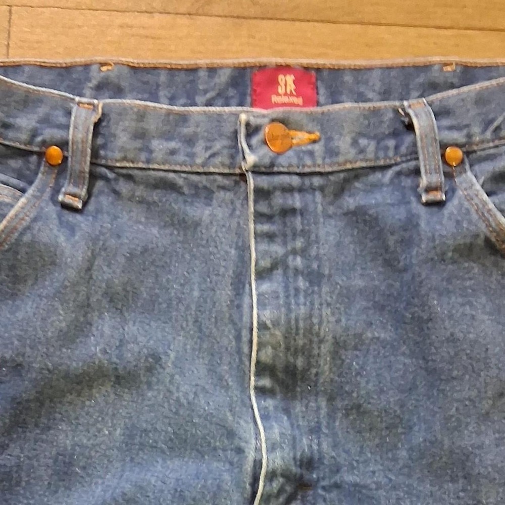 Mens blue denim jeans leather patch copper rivets great workwear casual - Picture 3 of 7